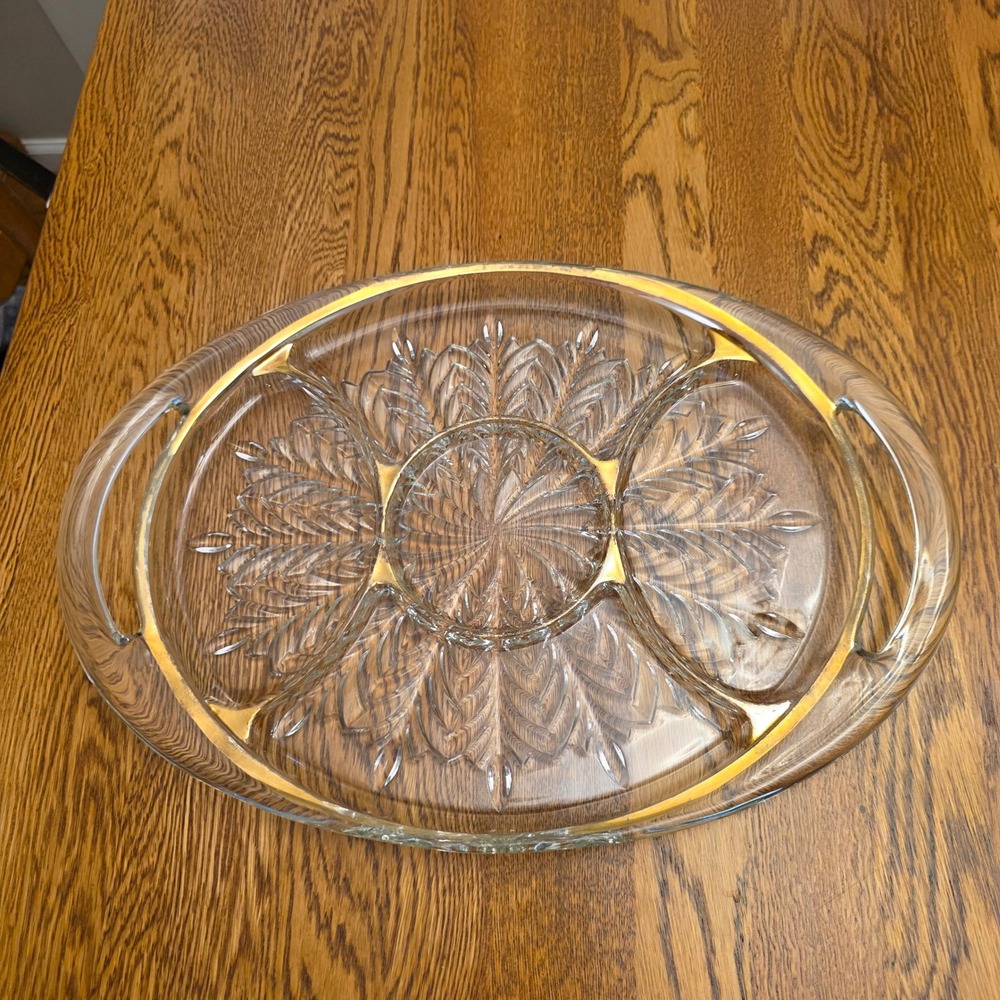 Vintage Jeannette Glass‎ Relish Tray Feather Pattern Five Section Gold Trim 15"